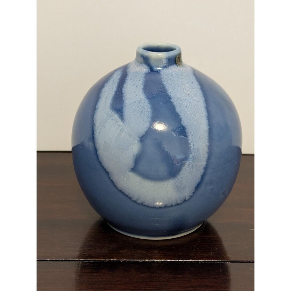 Vintage Japanese Studio Pottery Bud Vase Blue Drip Glaze Round Orb Vase Japan